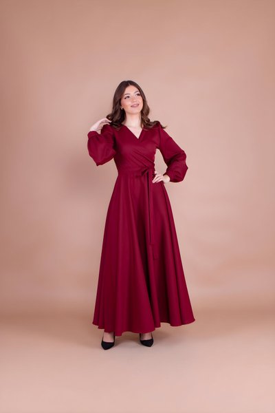 Bordo Kruvaze Yaka Kemerli Tesettür Elbise