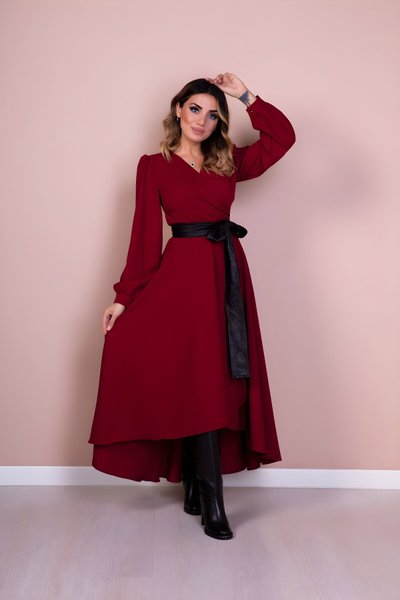 Bordo Uzun Kol Asimetrik Kesim Siyah Deri Kemerli Tesettür Elbise