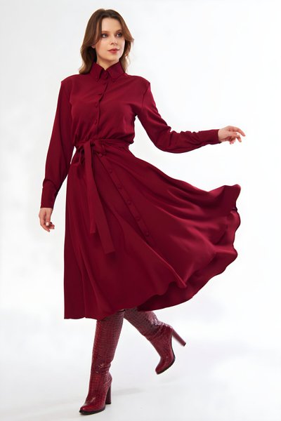 Bordo Uzun Kol Gömlek Kuşaklı Beli Lastikli Cepli Tesettür Elbise