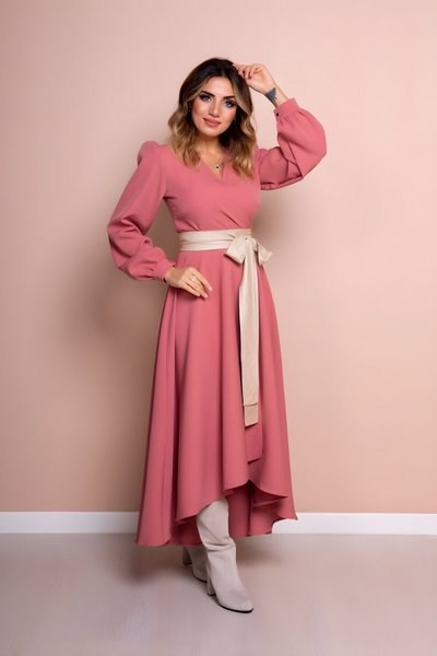 Gül Kurusu Krem Uzun Kol Asimetrik Kesim Deri Kemerli Tesettür Elbise