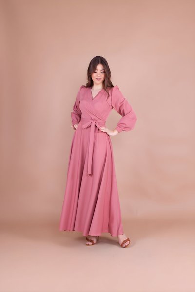 Gül Kurusu Kruvaze Yaka Kemerli Tesettür Abiye Elbise