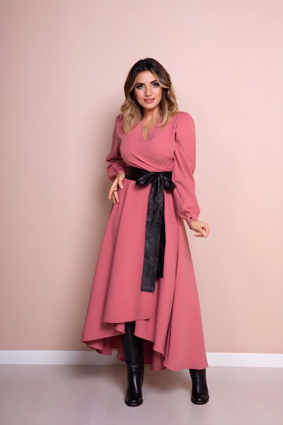 Gül Kurusu Siyah Uzun Kol Asimetrik Kesim Deri Kemerli Tesettür Elbise