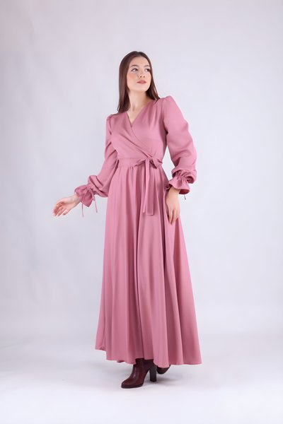 Gül Kurusu Uzun Kol Kruvaze Yaka Tesettür Elbise