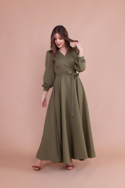 Haki Kruvaze Yaka Kemerli Tesettür Abiye Elbise