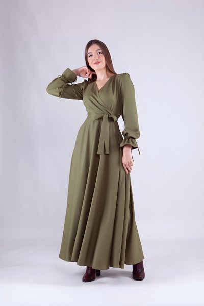 Haki Kruvaze Yaka Uzun Kol Tesettür Abiye Elbise