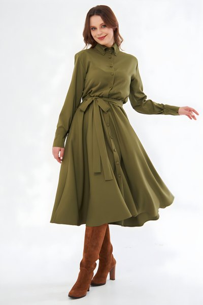 Haki Kuşaklı Beli Lastikli Cepli Uzun Kol Gömlek Elbise