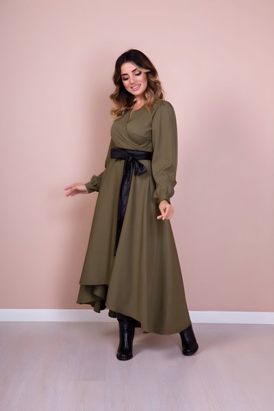 Haki Siyah Uzun Kol Asimetrik Kesim Deri Kemerli Tesettür Elbise