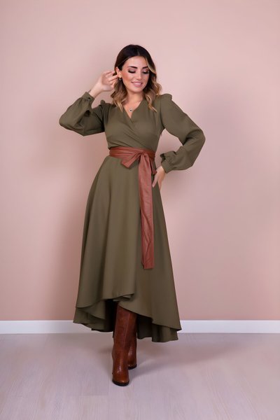 Haki Taba Asimetrik Kesim Uzun Kol Deri Kemerli Tesettür Elbise