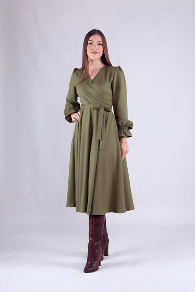 Haki Uzun Kol Kruvaze Yaka Tesettür Elbise