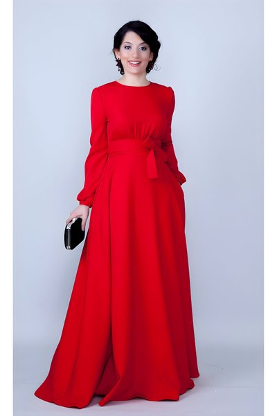 Kırmızı Uzun Kol Beli Büzgülü Kuşaklı Cepli Tesettür Abiye Elbise