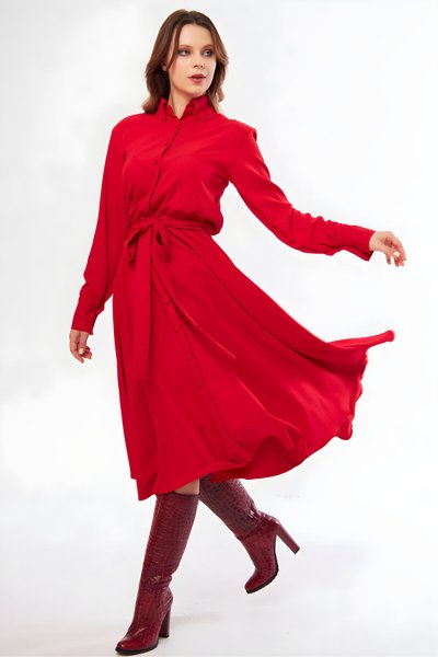 Kırmızı Uzun Kol Gömlek Kuşaklı Cepli Tesettür Elbise