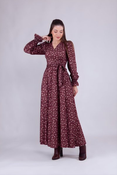 Koyu Bordo Çiçek Desenli Uzun Kol Kadife Kruvaze Yaka Tesettür Elbise