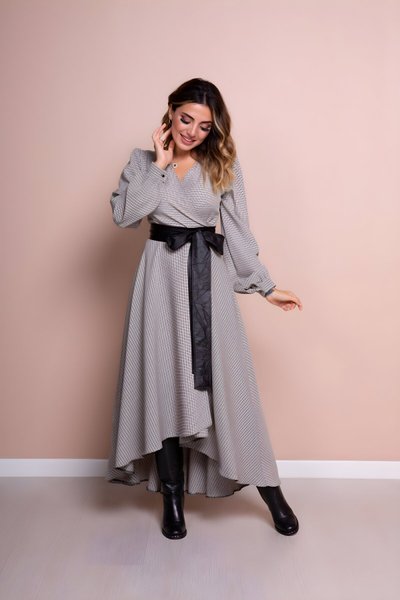 Krem Siyah Ekose Deri Kemerli Uzun Kol Asimetrik Kesim Tesettür Elbise