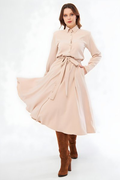 Krem Uzun Kol Kuşaklı Beli Lastikli Cepli Tesettür Gömlek Elbise