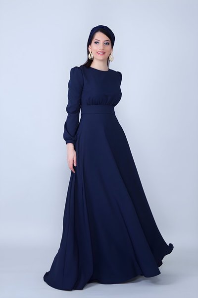 Lacivert Uzun Kol Yuvarlak Yaka Büzgülü Kuşaklı Abiye Elbise