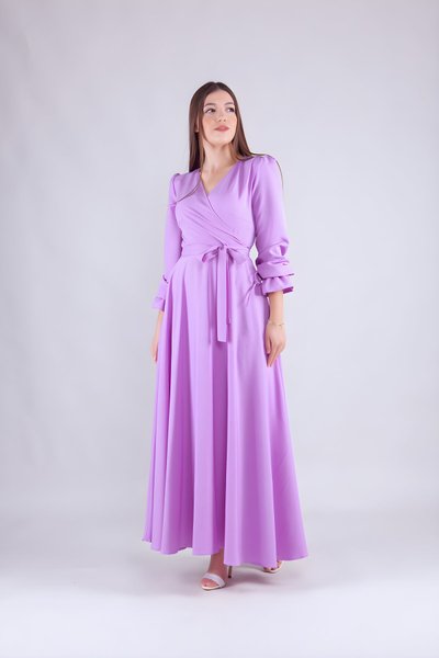 Lila Uzun Kol Kruvaze Yaka Tesettür Elbise