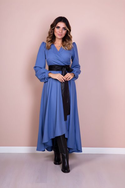 Mavi Siyah Uzun Kol Asimetrik Kesim Deri Kemerli Tesettür Elbise