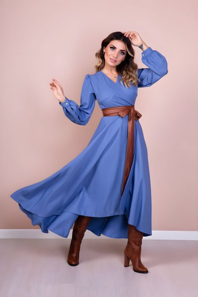 Mavi Taba Uzun Kol Asimetrik Kesim Deri Kemerli Tesettür Elbise