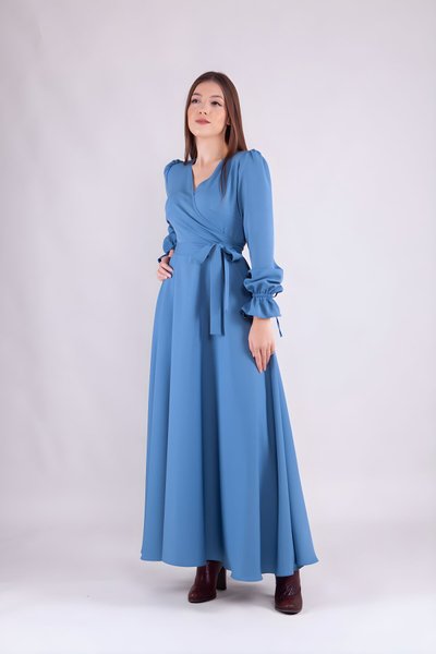Mavi Uzun Kol Kruvaze Yaka Tesettür Elbise
