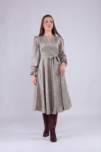 Mint Çiçek Desenli Kadife Kruvaze Yaka Uzun Kol Tesettür Elbise