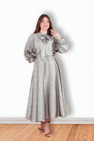 Mint Yeşili Çiçek Desenli Yarasa Kol Saten Tesettür Abiye Elbise