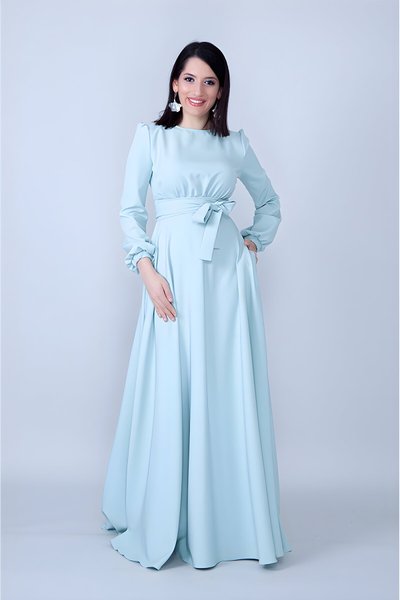 Mint Yeşili Uzun Kol Büzgülü Kuşaklı Tesettür Abiye Elbise