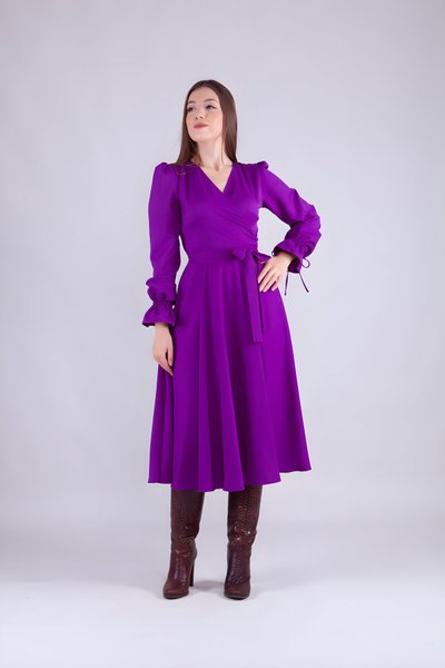 Mor Uzun Kol Kruvaze Yaka Tesettür Elbise