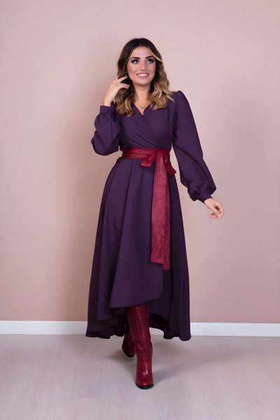 Mürdüm Bordo Uzun Kol Asimetrik Kesim Deri Kemerli Tesettür Elbise