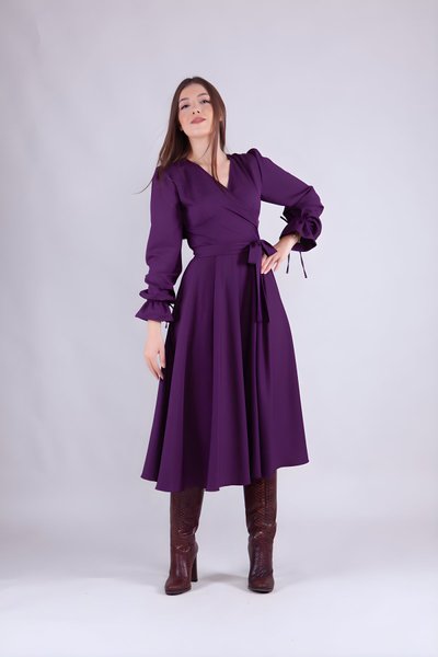 Mürdüm Midi Boy Kruvaze Yaka Uzun Kol Tesettür Elbise