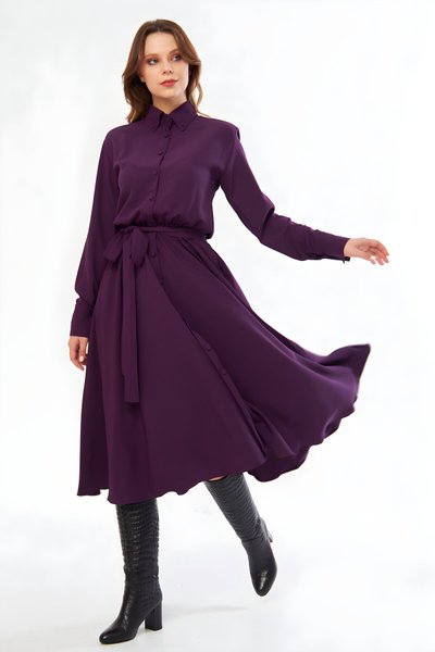 Mürdüm Uzun Kol Kuşaklı Beli Lastikli Gömlek Elbise