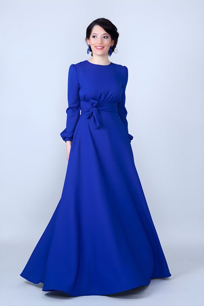 Sax Mavi Dokuma Kumaş Beli Büzgülü Kuşaklı Tesettür Abiye Elbise