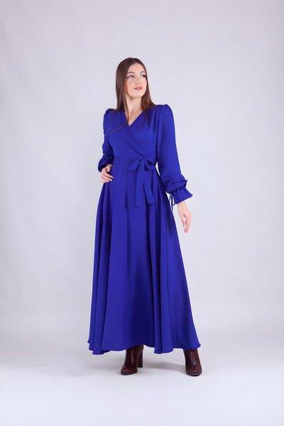 Sax Mavi Uzun Kol Kruvaze Yaka Tesettür Abiye Elbise