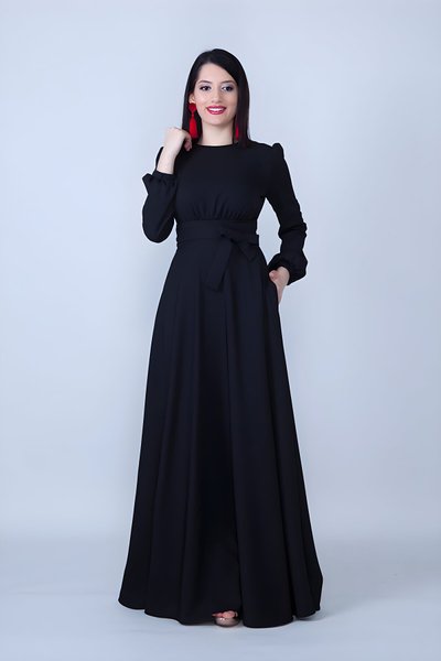 Siyah Uzun Kol Kuşaklı Beli Büzgülü Tesettür Abiye Elbise
