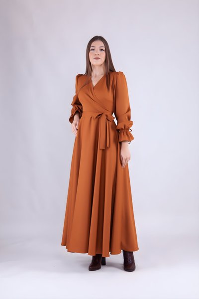 Tarçın Uzun Kol Kruvaze Yaka Tesettür Abiye Elbise