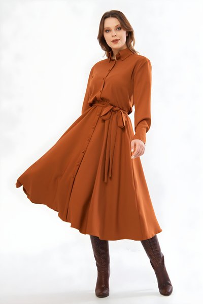 Tarçın Uzun Kol Kuşaklı Beli Lastikli Cepli Gömlek Elbise