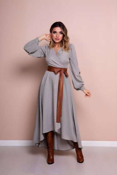 Vizon Krem Siyah Ekose Uzun Kol Asimetrik Kesim Taba Deri Kemerli Tesettür Elbise