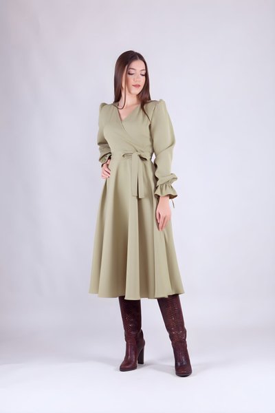 Yağ Yeşili Midi Boy Kruvaze Yaka Uzun Kol Tesettür Elbise