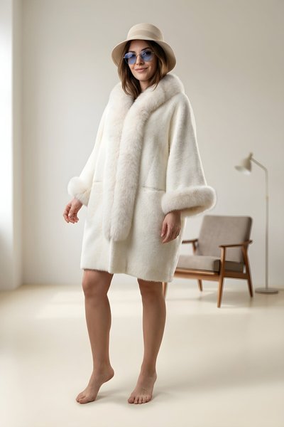 Ekru İtalyan Angora Cepli Kapüşonlu Kürklü Tesettür Kaban