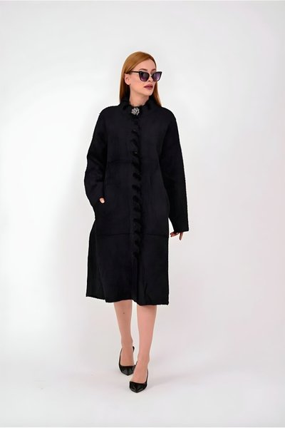 Siyah Uzun İtalyan Angora Tesettür Kaban