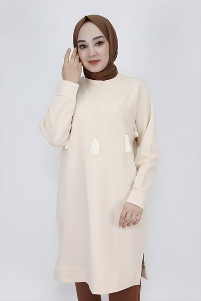 Bej İki İp Kumaş İnci Ve Püskül Detaylı Tesettür Tunik