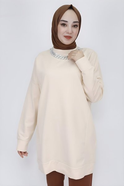 Bej İki İp Kumaş Zincir Detaylı Tesettür Tunik