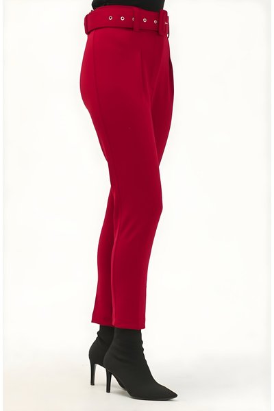 Bordo Scuba Krep Kemerli Dar Paça Tesettür Pantolon