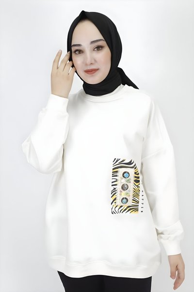 Ekru İki İp Kumaş Oversize İnci ve Baskı Detaylı Tesettür Tunik