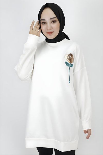 Ekru İki İp Kumaş Pul İşleme Detaylı Tesettür Tunik