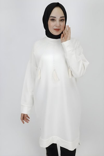 Ekru İp Kumaş İnci Püskül Detaylı Tesettür Tunik