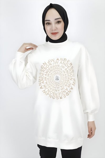 Ekru Sweatshirt İp Kumaş Nakış Taş Detaylı Tunik