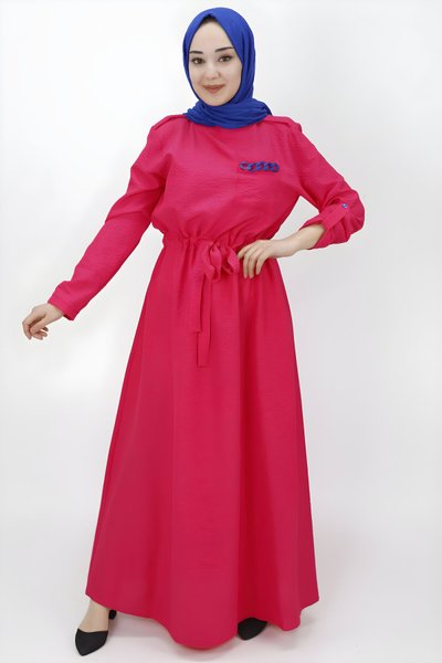 Fuşya Bürümcük Kumaş Cep Zincir Detaylı Tesettür Elbise
