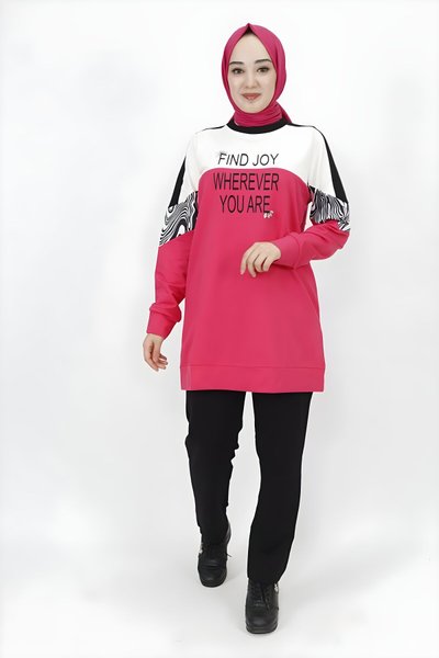 Fuşya İki İp Kumaş Yazı ve Taş Detaylı İkili Tesettür Takım