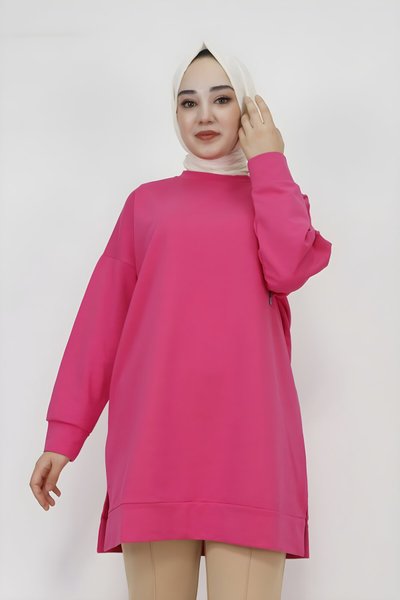 Fuşya İp Kumaş Pul İşleme Detaylı Tesettür Tunik
