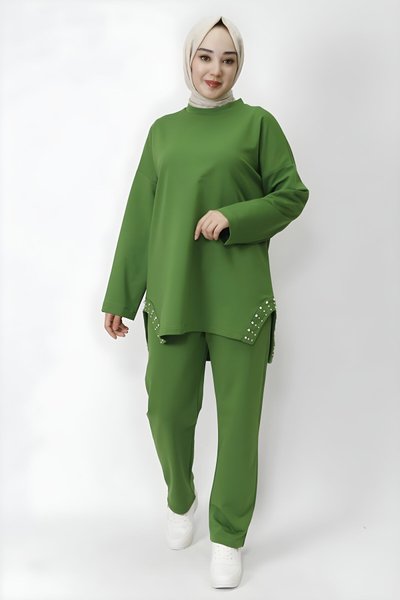 Haki İp Kumaş İkili Yanı Taş Detaylı Tesettür Takım